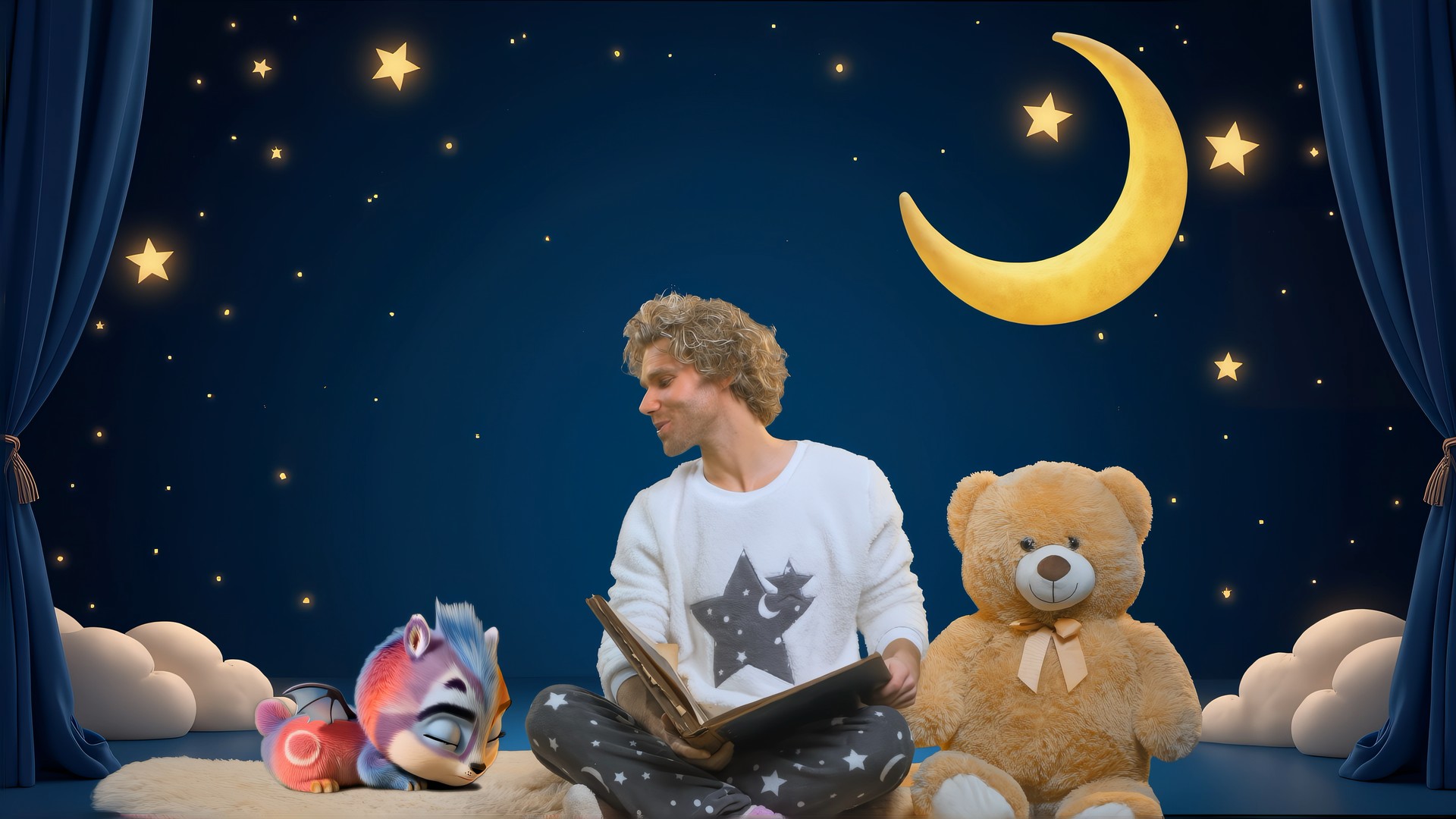 Matt liest Quatschi und einem Teddybären eine Gute-Nacht-Geschichte vor